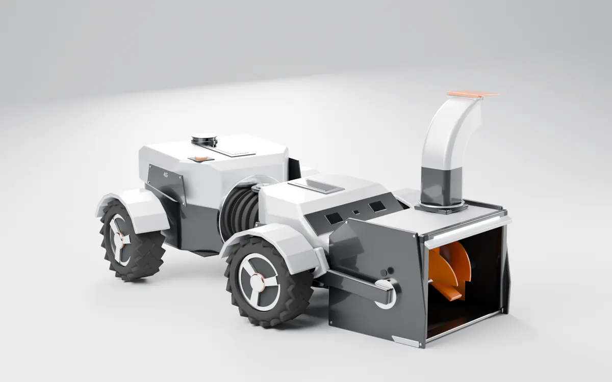 Articulated: two body modules joined by a ribbed black bellows joint, with the snow head on the front module.