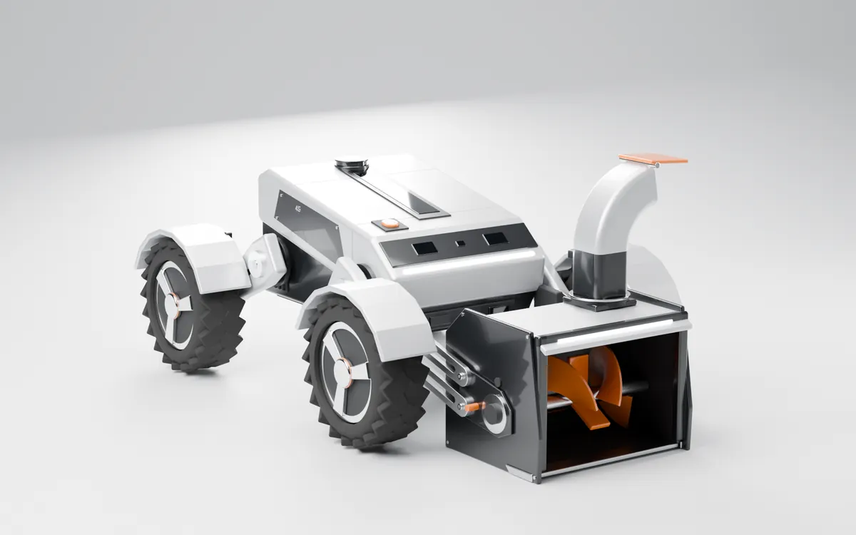 Blade-X: a compact tall body on large wheels with the snow head hung from exposed polished parallel links.