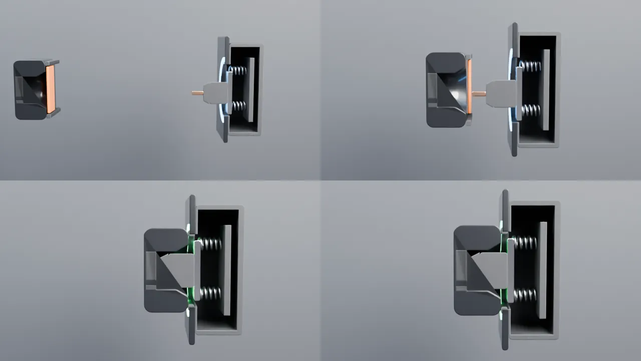Four frames of the fixed animation in section view: a plug approaches a spring-mounted socket, enters it, and a green light shows the connection is confirmed.