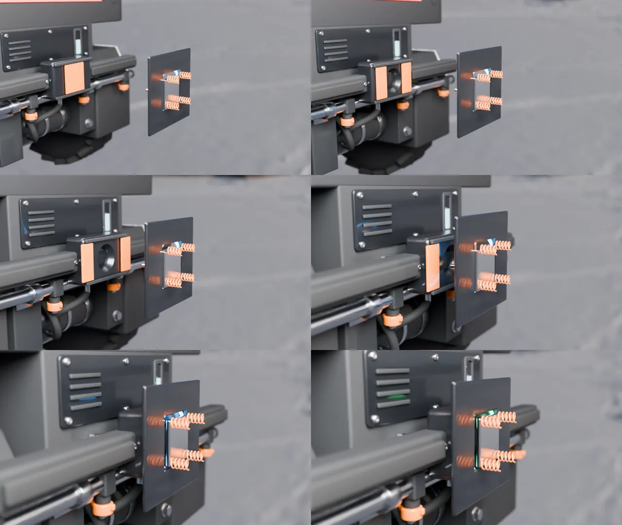 Six frames of the first connector animation from a three-quarter angle: orange springs and plates glow, but the pins are hidden behind the bezel.