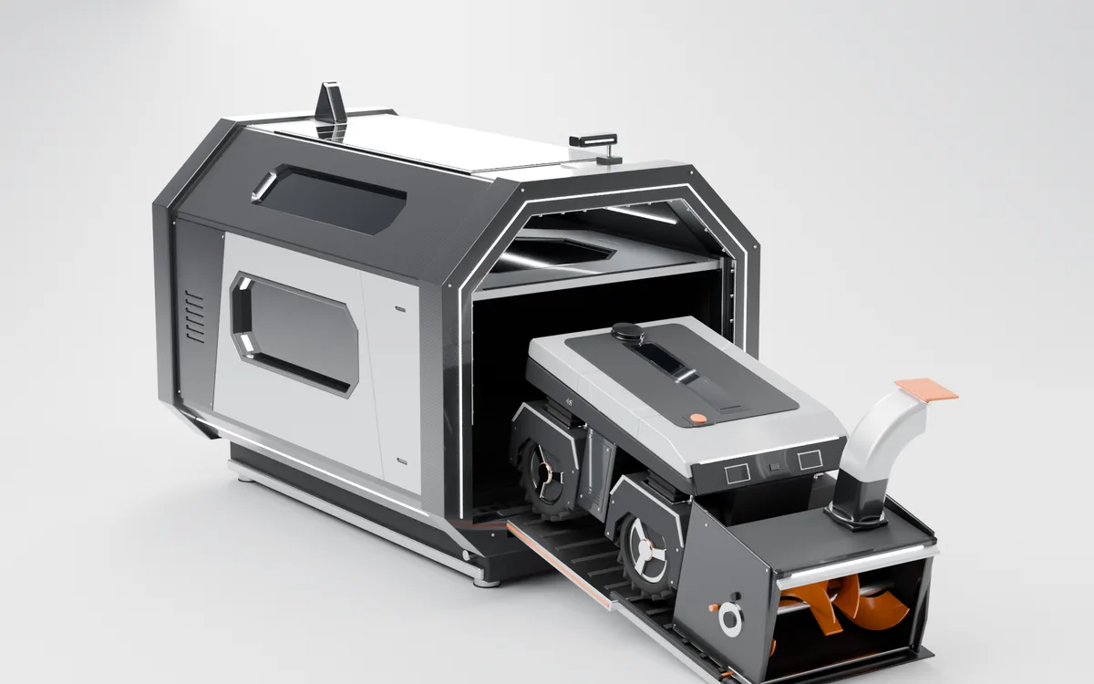 Capsule dock: an octagonal tunnel with light strips and a telescoping ramp extended under the robot.