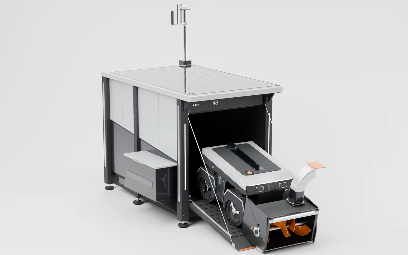 Garage dock: a boxy aluminum shelter with a solar roof and an antenna mast, its front door lowered as a ramp with the robot rolling out.