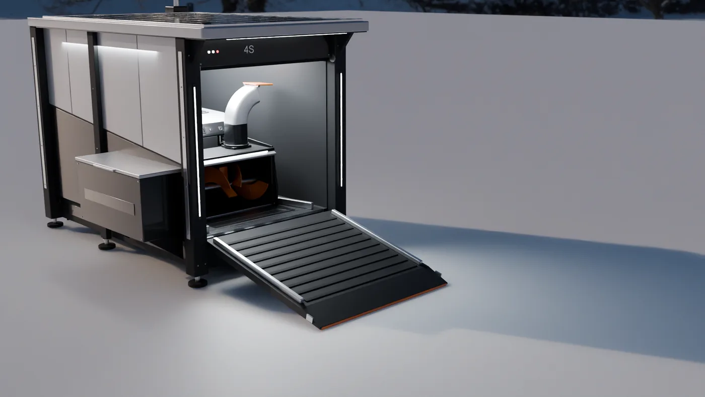 Garage dock for the Snow Robot 4S with its door lowered into a ramp.