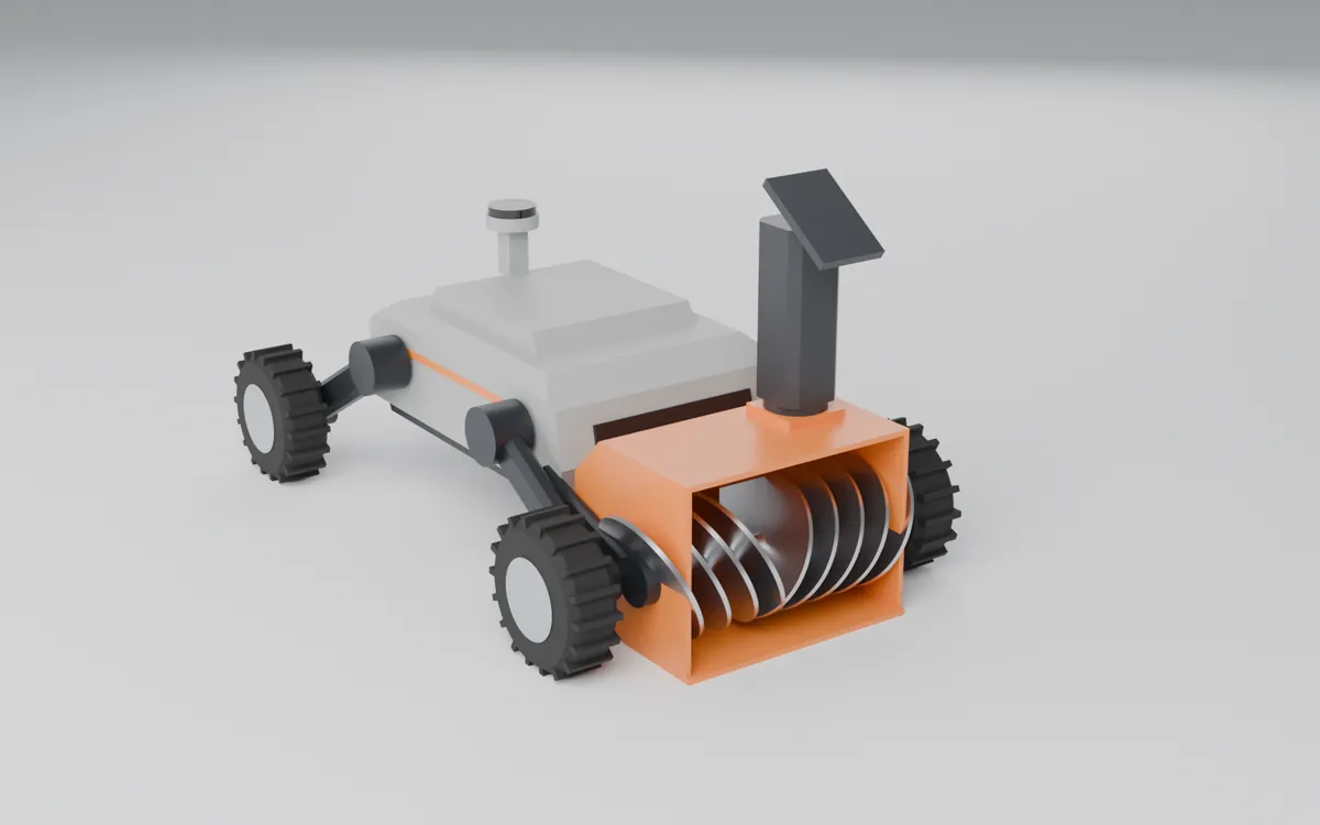 Version 1: a boxy light grey body on stick legs with a plain orange auger housing and a tall flat chute.