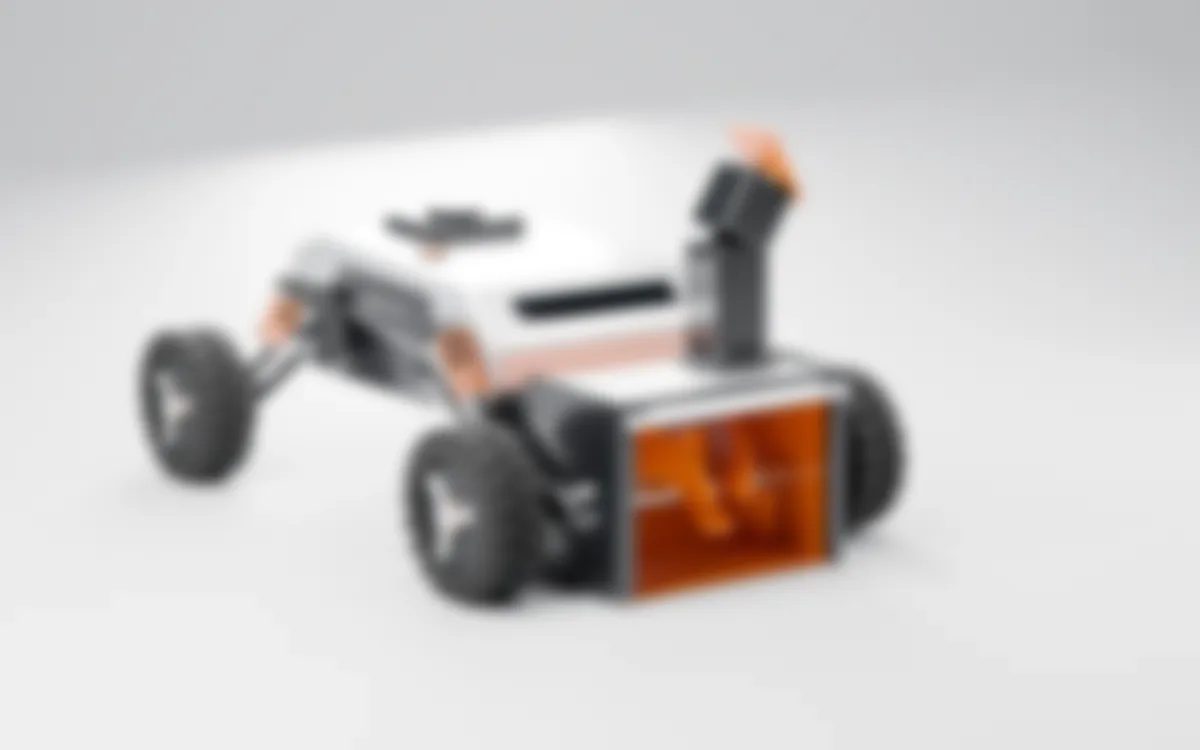 Version 3: silver shell with tight fillets over a dark lower body, turbine wheel caps, exposed coilover springs on thin legs.