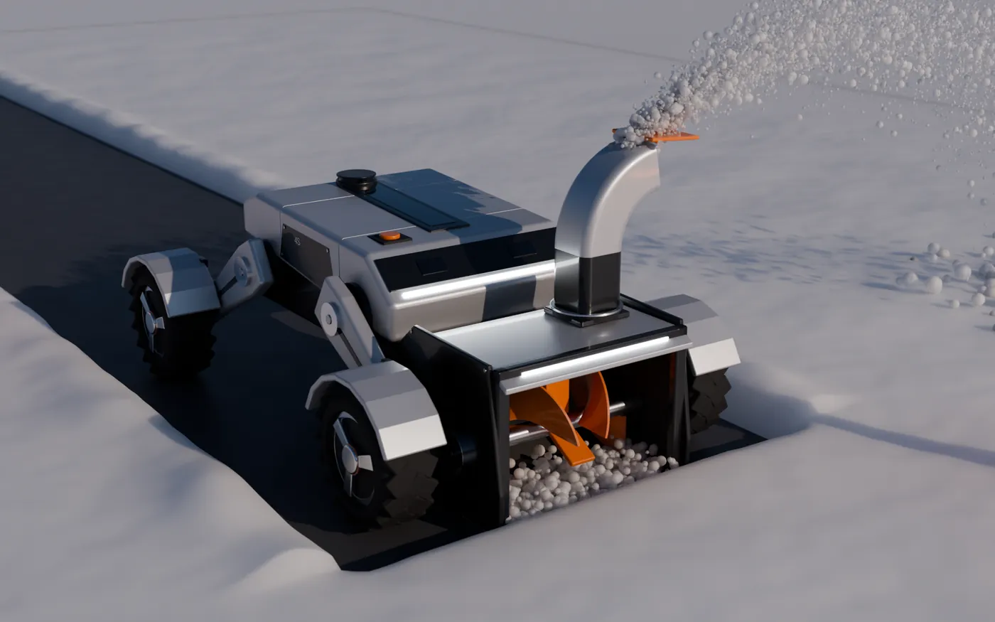 Version 5 of the robot in a photoreal snow scene, clearing a driveway lane and throwing snow from its chute.