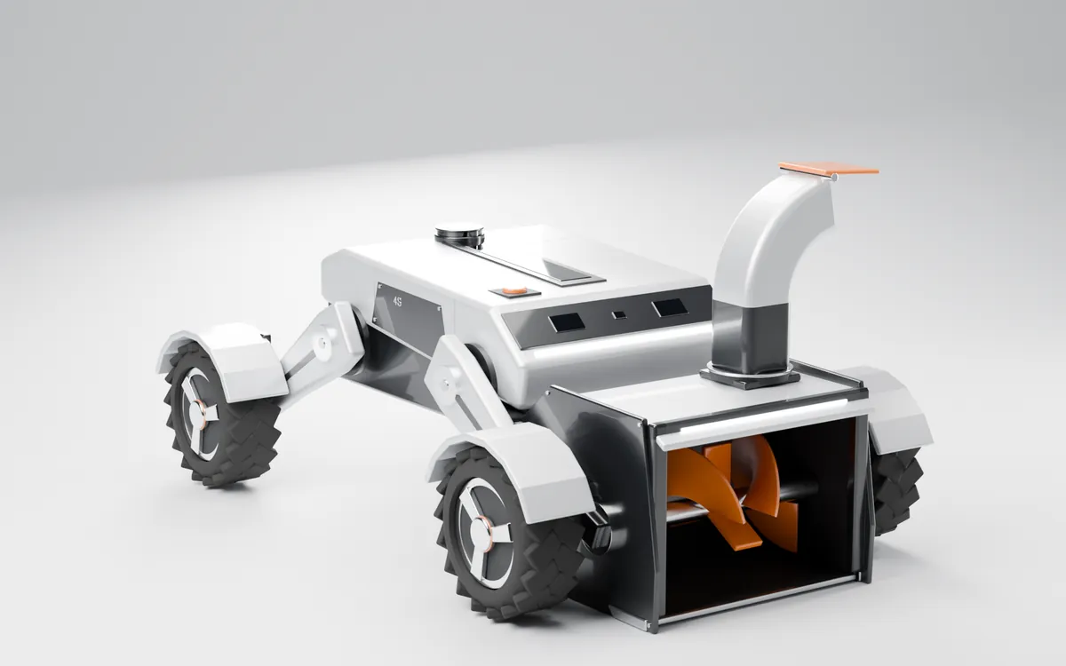 Version 5: wheel fenders that move with the legs, a dark face mask with two cameras, a top spine and a silver chute.